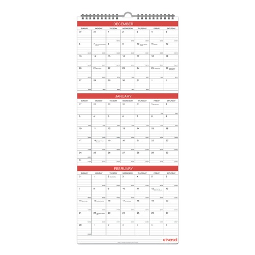 Calendars & Planners | Universal 71003 12 in. x 27 in. 14-Month (Dec 2025-Jan 2027) Three-Month Wall Calendar - White/Red Sheets image number 0