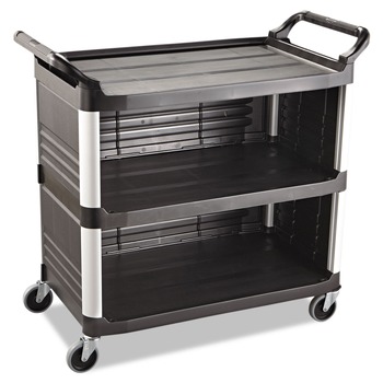 Rubbermaid Commercial 40.63 in. x 20 in. x 37.81 in. 300 lbs. Capacity 3 Shelves Plastic Xtra Utility Cart with Enclosed Sides and Back - Black
