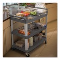 Utility Carts | Rubbermaid Commercial FG409100BLA 40.63 in. x 20 in. x 37.81 in. 300 lbs. Capacity 3 Shelves Plastic Xtra Utility Cart with Open Sides - Black image number 3