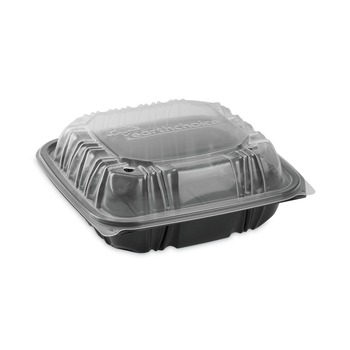 Pactiv Corp. 28 oz 7.5 x 7.5 x 3 EarthChoice Vented Dual Color Microwavable Plastic Hinged Lid Container - Black/Clear (150/Carton)