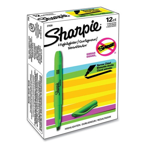 Office Jansan | Sharpie 27026 Chisel Tip Pocket Style Highlighters - Fluorescent Green Ink, Green Barrel (1 Dozen) image number 0