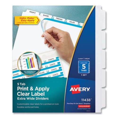 Office Jansan | Avery 11438 Index Maker 11.25 in. x 9.25 in. 5-Tab Extra Wide Tab Print and Apply Clear Label Dividers - White/White Tabs (1-Set) image number 0