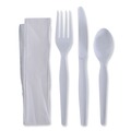 Cutlery | Boardwalk BWKFKTNHWPSWH Heavyweight Fork/Knife/Napkin/Teaspoon 4-Piece Plastic Cutlery Kit - White (250/Carton) image number 0