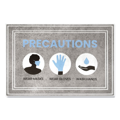 Nothing Over $99 Sale! | Apache Mills 3984528812X3 24 in. x 36 in. Precautions Wear Masks Wear Gloves Wash Hands Message Floor Mats - Gray/Blue image number 0