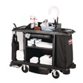 Office Jansan | Rubbermaid Commercial FG618900BLA 22 in. x 60 in. x 50 in. 2 Bins 3 Shelves Plastic Housekeeping Cart - Black image number 2