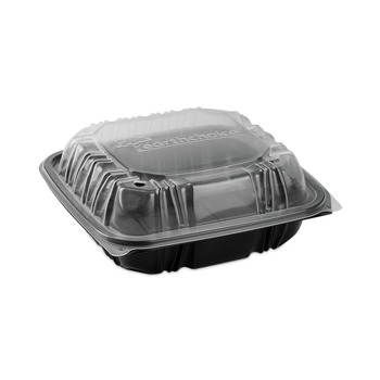 Pactiv Corp. 21 oz 3-Compartment EarthChoice Vented Dual Color Microwavable Hinged Lid Container - Black/Clear (150/Carton)