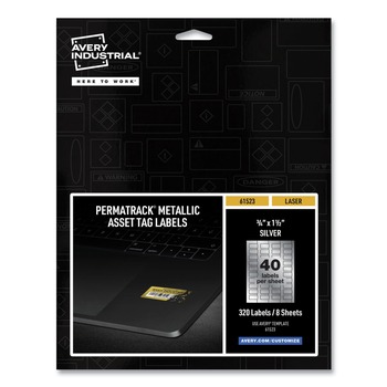 Avery 61523 PermaTrack Metallic 0.75 in. x 1.5 in. Asset Tag Labels - Metallic Silver (8 Sheets/Pack, 40/Sheet )