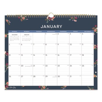 Blue Sky 15 in. x 12 in. 12-Month (Jan to Dec): 2026 Ashlyn Monthly Wall Calendar - Floral Artwork, White/Blue/Pink Sheets