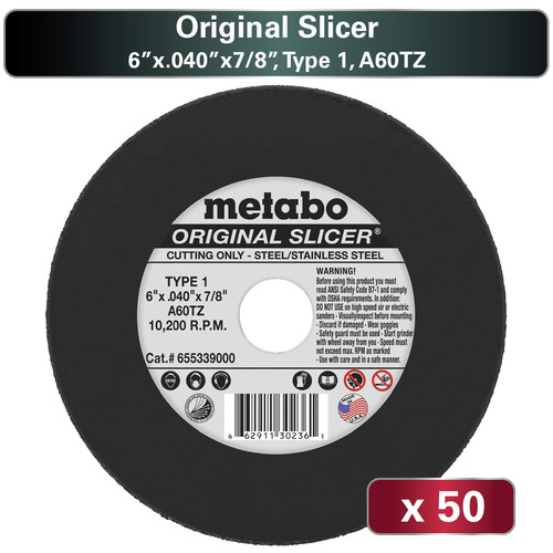 Metabo US655339050 50-Piece A60TZ Original Slicer T1 6 in. x 0.40 in. x 7/8 in. Cutting Wheel Pack image number 0