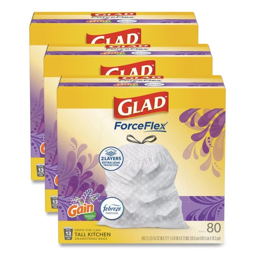 Cleaning & Janitorial Supplies | Glad 78902 ForceFlex 24 in. x 27.38 in. 13 Gallon Kitchen Drawstring Trash Bags - Gain Lavender Scent/White (240/Carton) image number 0
