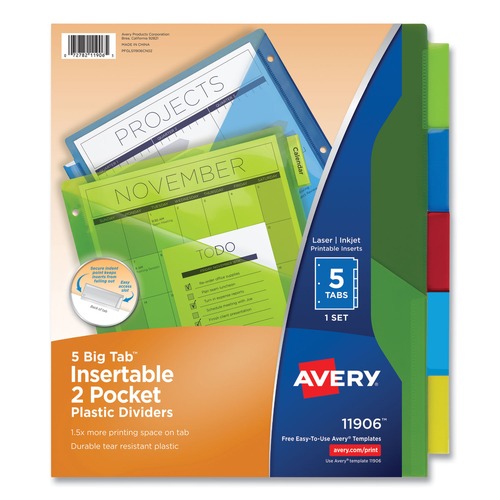Office Jansan | Avery 11906 Insertable 5-Tab 11-1/8 in. x 9-1/4 in. Big Tab Plastic Dividers with Two Pockets - Multicolor (1-Set) image number 0