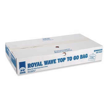 AmerCareRoyal RPWB1919 19 in. x 9.5 in. x 19 in. Take-Out Labeling Cut-Out Handles Wave Top To-Go Bags - White/Blue/Red (500/Carton)