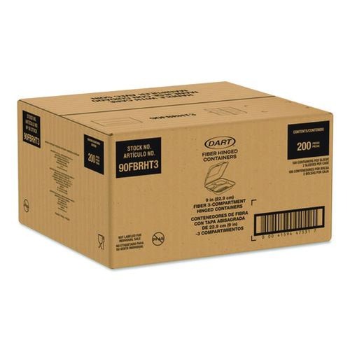 Food Trays, Containers, and Lids | Dart 90FBRHT3 9.14 in. x 9 in. x 2.98 in. 3 Compartments ProPlanet Seal Compostable Molded Fiber Hinged Trays - Natural (200/Carton) image number 0