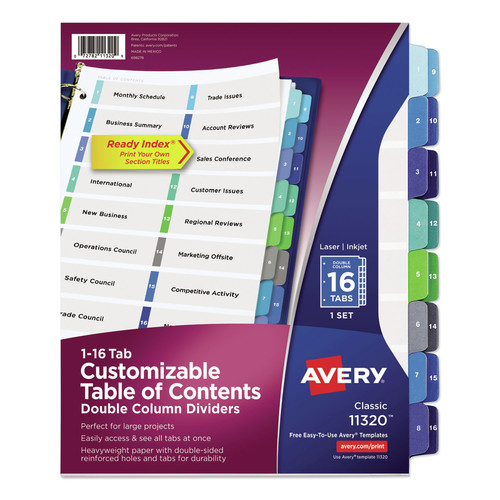 Office Jansan | Avery 11320 11 in. x 8.5 in. 16-Tab 1 to 16 Customizable TOC Ready Index Double Column Multicolor Tab Dividers - White (1-Set) image number 0