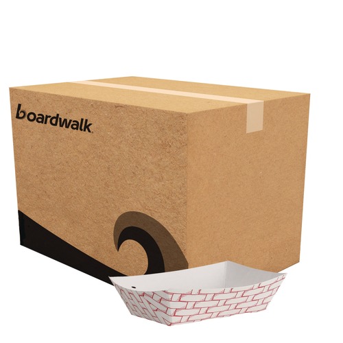 Food Trays, Containers, and Lids | Boardwalk BWK30LAG025 2.69 in. x 1.05 in. x 4 in. 0.25 lbs. Capacity Paper Food Baskets - Red/White (1000/Carton) image number 0