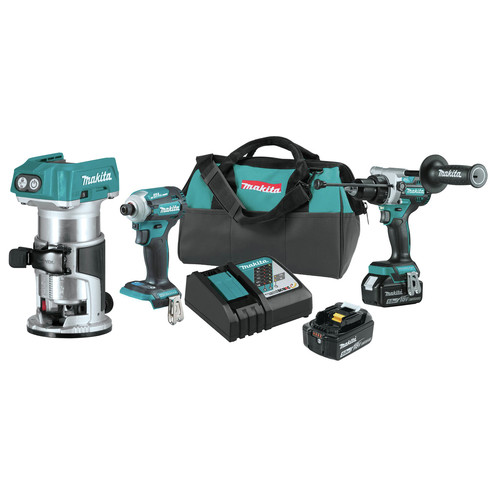Makita 18V LXT Brushless Lithium Ion 1 2 in. Cordless Hammer Drill Driver and 4 Speed Impact Driver Combo Kit with Compact Router Bundle