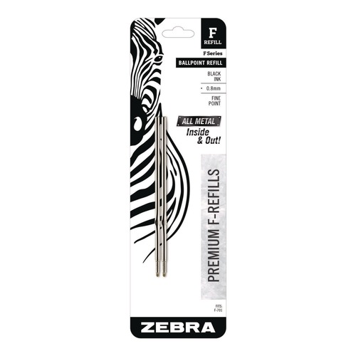 Pens | Zebra 89112 Fine 0.8 mm F-Series Conical Tip Ballpoint Stainless Steel Pen Refill - Black Ink (2/Pack) image number 0