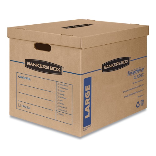 Bankers Box 7718201 SmoothMove Classic 21 in. x 17 in. x 17 in. Half Slotted Container Moving and Storage Boxes - Large, Brown Kraft/Blue (5/Carton) image number 0