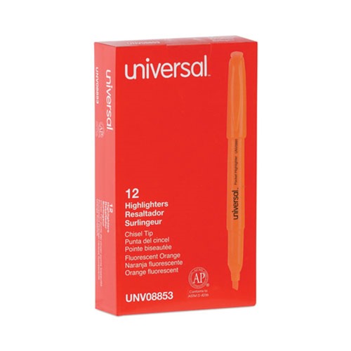 Office Jansan | Universal UNV08853 Chisel Tip Fluorescent Orange Ink Orange Barrel Pocket Highlighters (1 Dozen) image number 0