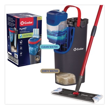 O-Cedar Up to 56 in. Black/Red Handle 9.25 in. x 4.38 in. White/Blue Microfiber Head H2Pro Flat Mop System