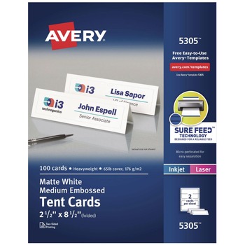 Avery 8.5 in. x 2.5 in. Medium Embossed Tent Cards - White (2 Cards/Sheet, 50 Sheets/Box)