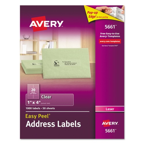 Office Jansan | Avery 05661 1 in. x 4 in. Matte Clear Easy Peel Mailing Labels with Sure Feed Technology for Laser Printers - Clear (20/Sheet, 50 Sheets/Box) image number 0