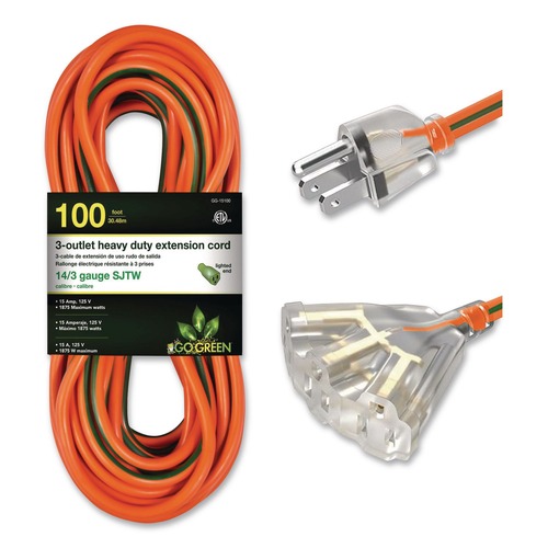 Office Electronics & Batteries | GoGreen Power GG-15100 100 ft. 13 Amps 14 AWG 3-Outlet Heavy-Duty Extension Cord - Orange image number 0