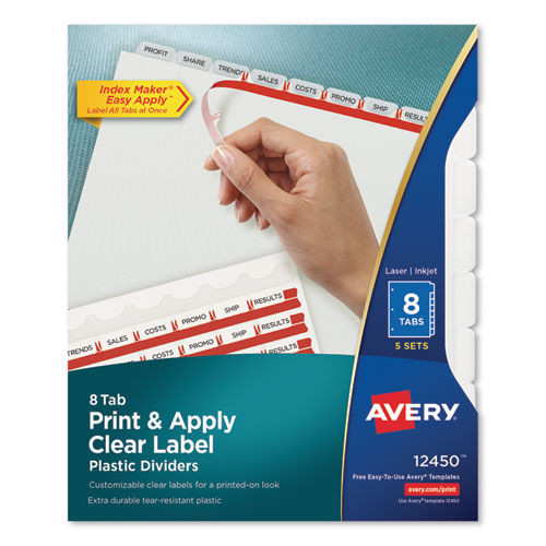 Office Jansan | Avery 12450 11 in. x 8.5 in. 8-Tab Print and Apply Index Maker Clear Label Plastic Dividers with Printable Label Strip - Frosted Clear Tabs (5 Sets/Pack) image number 0