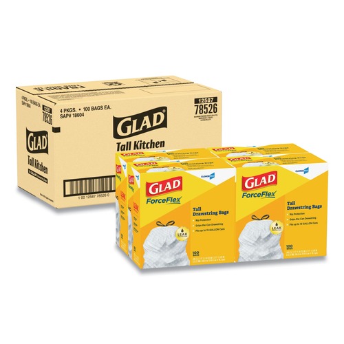 Trash Bags | Glad 78526 Tall 13 gal. 24 in. x 27.38 in. Kitchen Drawstring Trash Bags - Gray (100 Bags/Box, 4 Boxes/Carton) image number 0