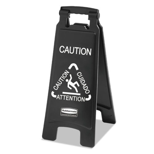 Mailroom Equipment | Rubbermaid Commercial 1867505 Executive 2-Sided Multi-Lingual 10-9/10 in. x 26-1/10 in. Caution Sign - Black/White image number 0