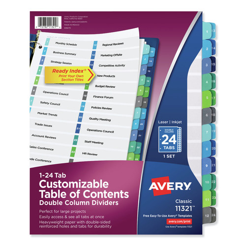 Office Jansan | Avery 11321 11 in. x 8.5 in. 24-Tab 1 to 24 Customizable TOC Ready Index Double Column Multicolor Tab Dividers - White (1-Set) image number 0