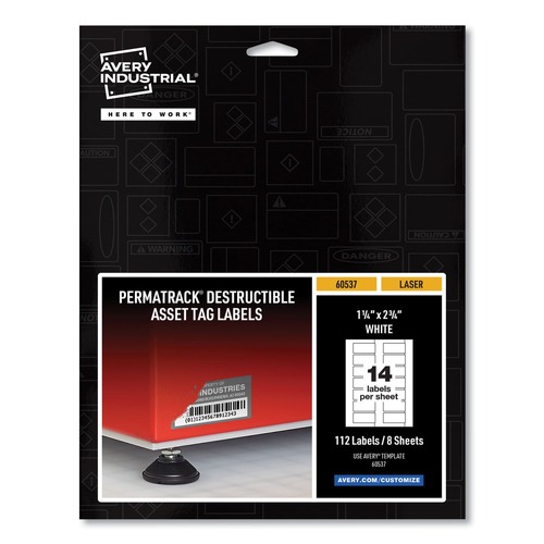 Office Jansan | Avery 60537 PermaTrack 1.25 in. x 2.75 in. Laser Printers Destructible Asset Tag Labels - White (112/Pack) image number 0