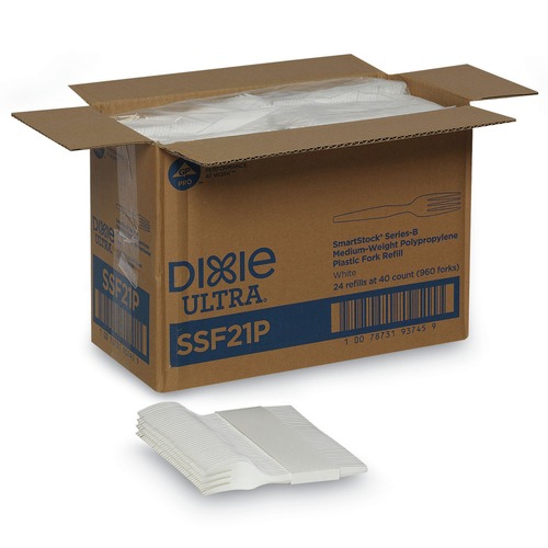 Office Jansan | Dixie SSF21P SmartStock Series-B 5.8 in. Mediumweight Plastic Cutlery Forks Refill - White (40/Pack, 24 Packs/Carton) image number 0