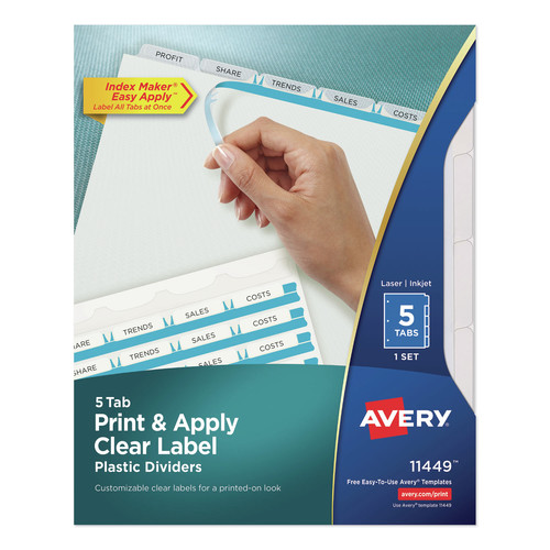Office Jansan | Avery 11449 11 x 8.5 Print and Apply Index Maker Plastic Dividers with Printable Label Strip - Frosted Clear Tabs (5-Pieces/Set) image number 0