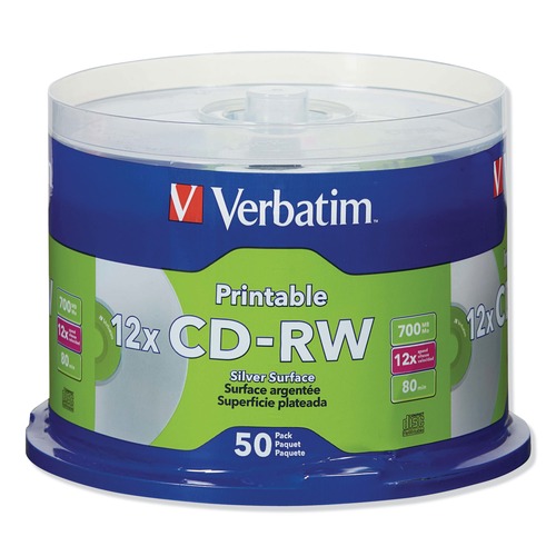  | Verbatim 95159 700 MB/80 min. Printable Spindle 4X CD-RW Discs - Silver (50/Pack) image number 0