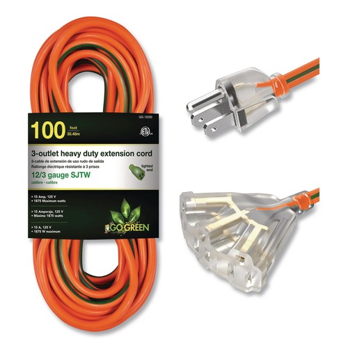 Office Electronics & Batteries | GoGreen Power GG-15200 100 ft. 15 Amps 12 AWG 3-Outlet Heavy Duty Extension Cord - Orange image number 0