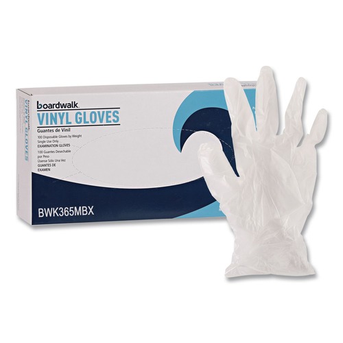 Disposable Gloves | Boardwalk BWK365MBX 2.6 mil General Purpose Powder/Latex-Free Vinyl Gloves - Medium, Clear (100/Box) image number 0