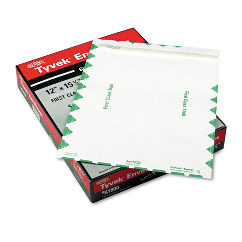 Office Jansan | Survivor QUAR1800 12 in. x 15.5 in. #15 1/2 Square Flap Redi-Strip Closure Lightweight 14 lbs. First Class Tyvek Catalog Mailers - White (100/Box) image number 0