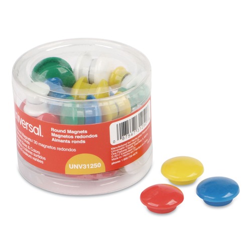  | Universal UNV31250 5/8 in. x 1 in. Diameter Plastic Magnets - Assorted Colors (30/Pack) image number 0