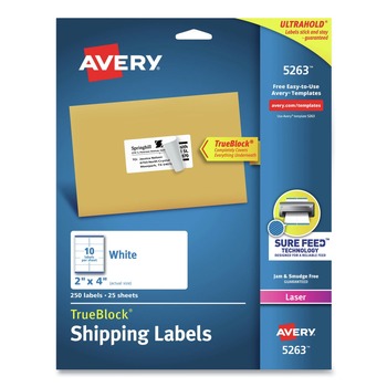 Avery 2 in. x 4 in. Shipping Labels with TrueBlock Technology for Laser Printers - White (10/Sheet, 25 Sheets/Pack)