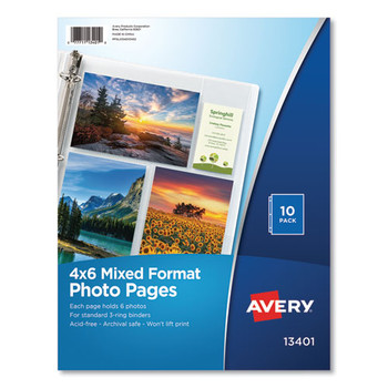 Avery 13401 4 in. x 6 in. 3-Hole Punched Mixed Format Photo Storage Pages (10/Pack)