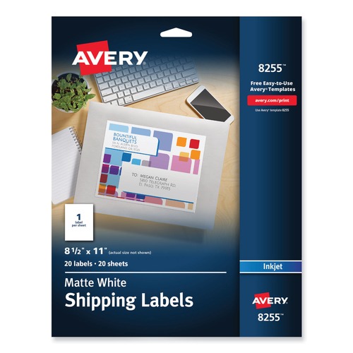  | Avery 08255 8.5 in. x 11 in. Full-Sheet Vibrant Inkjet Color-Print Labels - Matte White (20/Pack) image number 0