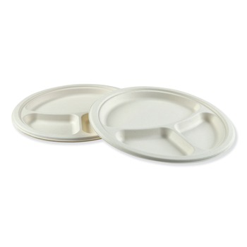 Boardwalk PL-11BW 3 Compartment 10 in. Bagasse Dinner Plates - White (500-Piece/Carton)