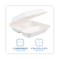 Food Trays, Containers, and Lids | Boardwalk HL-93BW 9 in. x 9 in. x 3.19 in. 3-Compartment Hinged-Lid Sugarcane Bagasse Food Containers - White (100/Sleeve, 2 Sleeves/Carton) image number 5