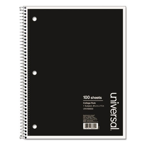 Universal UNV66600 11 in. x 8.5 in. 100 Sheets, 1 Subject, Medium/College Rule, Wirebound Notebook - Black Cover image number 0