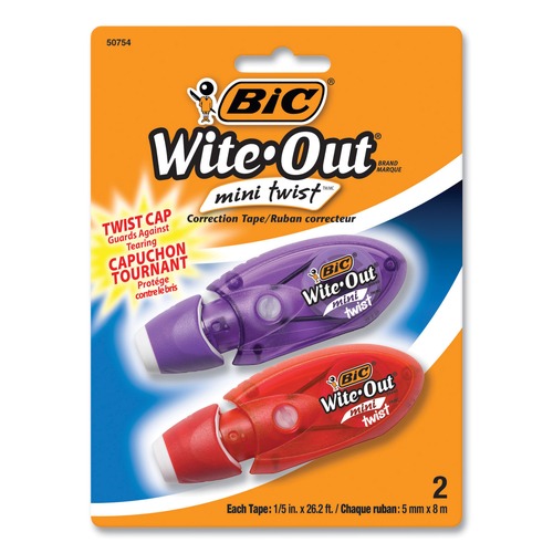 Office Jansan | BIC WOMTP21 Wite-Out Mini Twist 0.2 in. x 314 in. Non-Refillable Correction Tape - Blue/Fuchsia Applicators (2/Pack) image number 0