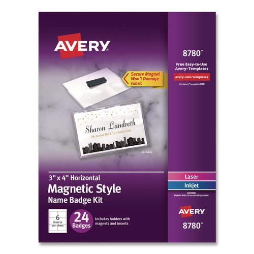 Office Jansan | Avery 08780 4 in. x 3 in. Horizontal Magnetic Style Name Badge Kit - White (24/Pack) image number 0