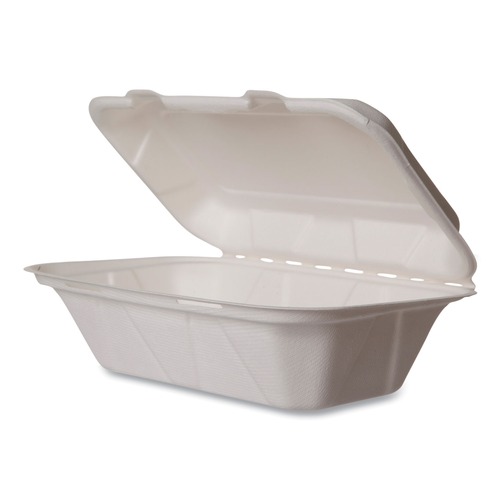 Food Trays, Containers, and Lids | Vegware WHBRG-HOAGIE 9 in. x 11 in. x 2 in. Molded Fiber Compostable Sugarcane Clamshell Containers - White (250/Carton) image number 0