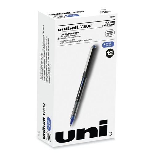 Office Jansan | uni-ball 70129 Bold 1 mm Stick VISION Roller Ball Pen - Blue Ink, Black/Blue/Clear Barrel (1 Dozen) image number 0