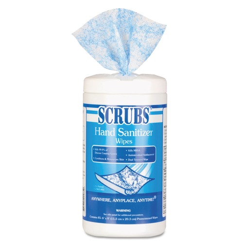 Hand Wipes | SCRUBS 90985 1 Ply 6 in. x 8 in. Unscented Hand Sanitizer Wipes - Blue/White (6/Carton) image number 0